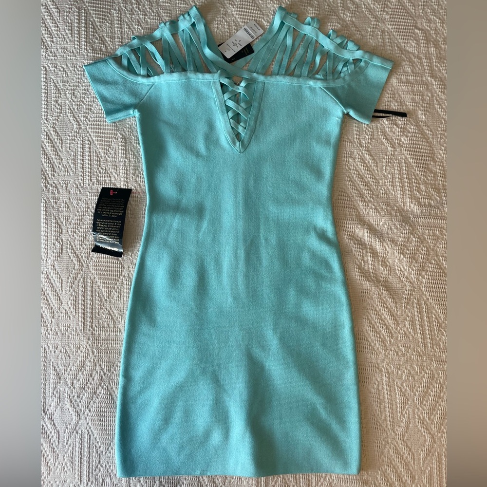BEBE Emily Lattice bodycon knit mini dress, aqua